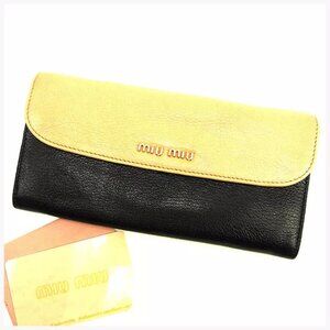 miumiu Wallet Purse Long Wallet Beige Black Woman Authentic Used